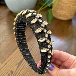 Black Jeweled Padded Headband with Clear and Gold Crystals